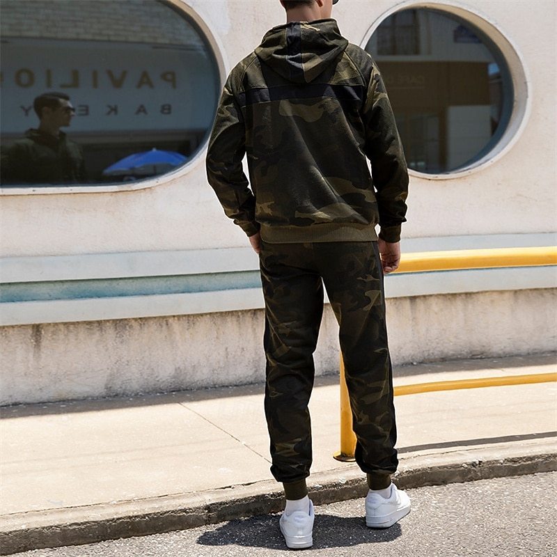 Men's Tracksuit Sweatpants Track Pants Pocket Camouflage Hoodie Clothing Suit Fall Army Green Khaki Gym Workout Sports Windproof Long Sleeve Sport Activewear Micro-elastic Regular Fit4