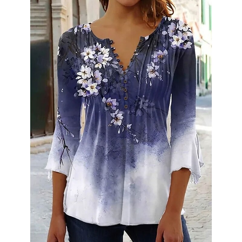 Women's Blouse V Neck Ombre Floral Graphic Elegant 3/4 Length Sleeve Regular Tops Daily Going out Ruffle Buttons Pink Blue Purple Orange Green Spring Fall2