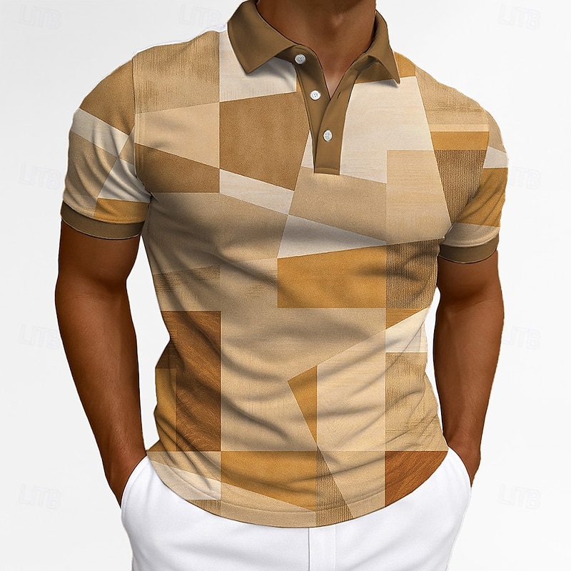 Men's Patchwork Polo Short Sleeve Polo Collar Office Business Casual Daily Buttons 3D Print Summer Robin's Egg Blue Green Orange3