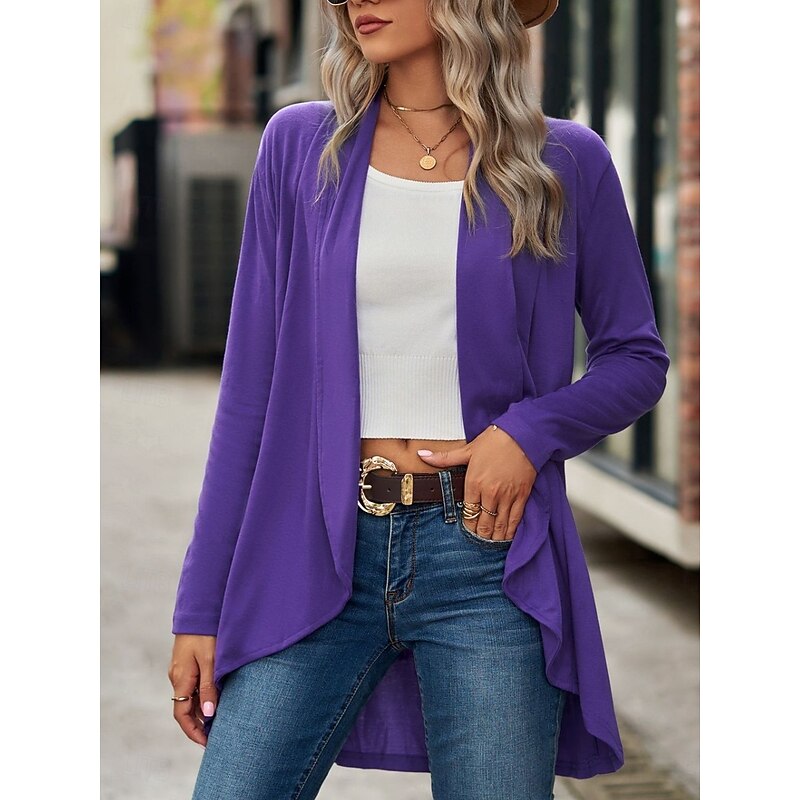 Women's Casual Jacket Breathable Comfortable Irregular Hem Casual Plain Vacation Street Casual Daily Wear Open Front Regular Shawl Collar Regular Fit Long Sleeve Outerwear Black Wine Purple Summer3