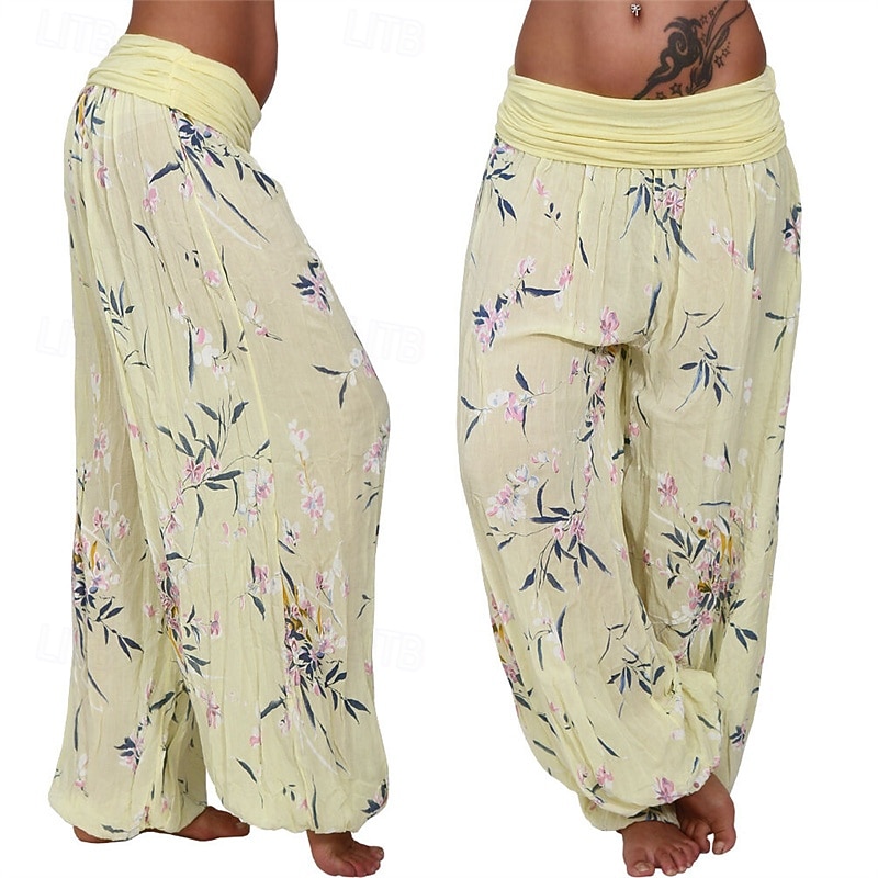 Women's Pants Trousers Harem Pants Palazzo Pants Fashion Boho Full Length Mid Waist Print Elastic Waist Comfy Comfortable Micro-elastic Street Daily Wear Going out White Yellow Light Green Pink3