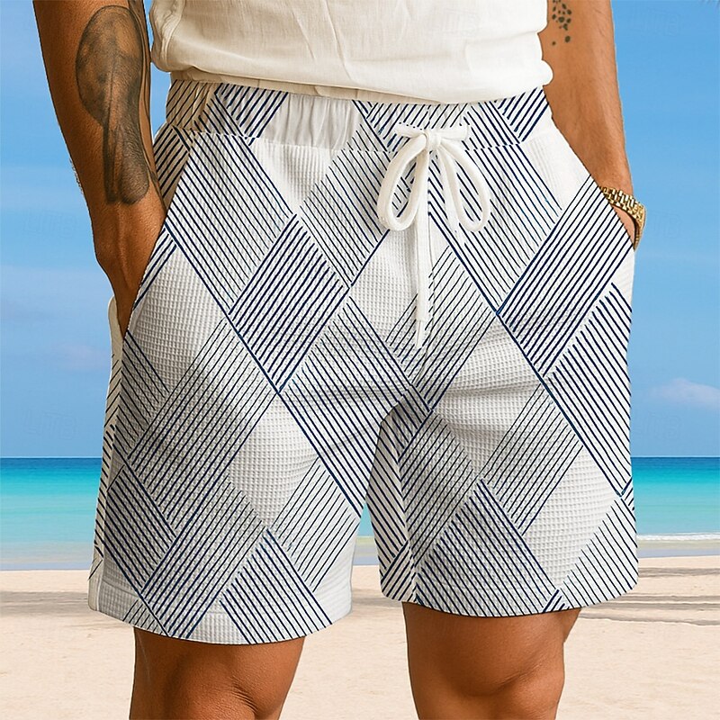 Men's Geometric Grid / Plaid Waffle Shorts Sweat Shorts Casual Shorts Mid Waist Fashion Casual Vacation Jogging Workout Elastic Drawstring Waist Shorts with Pockets Designer Clothing Apparel