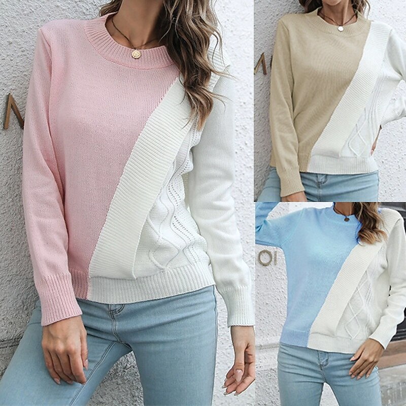 Women's Pullover Casual Color Block Chunky Crew Neck Knitted Long Sleeve Regular Tops Knit Daily Holiday Going out Pink Blue Fall Winter
