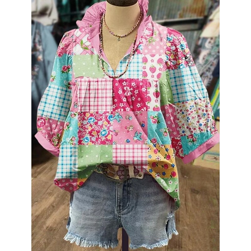 Women's Shirt Floral Stylish Modern Boho Half Sleeve V Neck Regular Tops Daily Holiday Print Pink Navy Blue Blue Green Khaki Summer3
