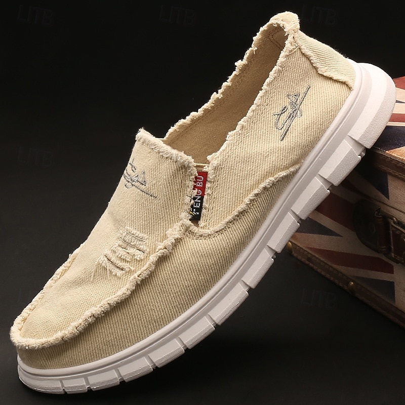 Men's Red Distressed Canvas Slip-On Loafers Frayed Edge Design with Cushioned Sole Ideal for Summer Streetwear Weekend Outings and Casual Days2