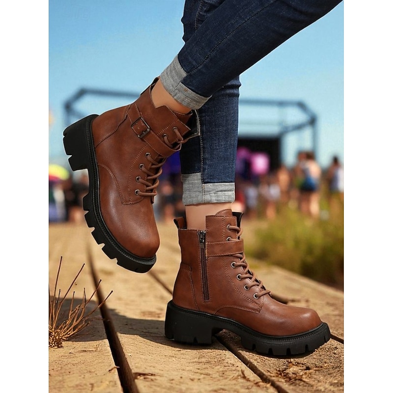 Women's Brown Lace-Up Combat Boots with Side Zipper and Chunky Lug Sole – Stylish Outdoor Ankle Boots for Fall, Winter, and Casual Streetwear3
