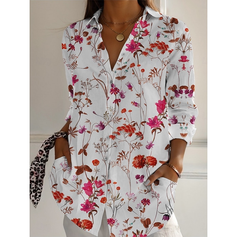 Women's Shirt Floral Active Daily Stylish Long Sleeve Shirt Collar Regular Tops Daily Holiday Buttons Print White Pink Navy Blue Blue Green Spring Fall2