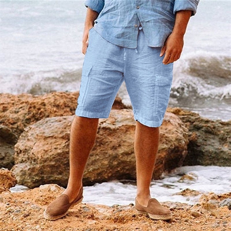 Men's Shorts Linen Shorts Summer Shorts Beach Shorts Pocket Drawstring Elastic Waist Plain Comfort Breathable Short Vacation Holiday Beach Hawaiian Boho Black Light Blue
