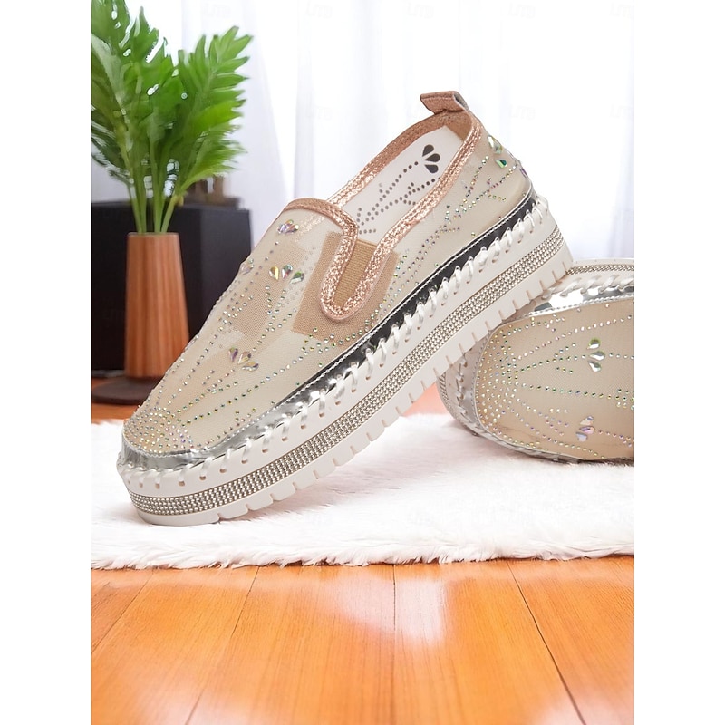Women's Rhinestone Mesh Platform Slip-On Sneakers - Sparkly Breathable Casual Shoes with Chunky Sole for Daily Dates and Stylish Outings