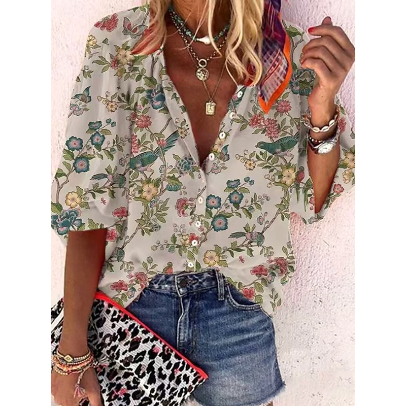 Women's Summer Tops Floral Graphic Bohemia Vintage Daily 3/4 Length Sleeve V Neck Regular Tops Daily Beach Wear Vacation Wear Print Blue Purple Khaki Summer Spring Fall3