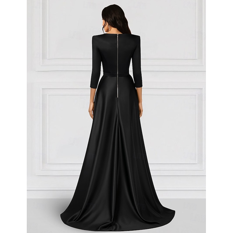 Tuxedo Dress A-Line Formal Wedding Wedding Guest Satin Elegant Silky Long Sleeve Floor Length Split Thigh V Neck2