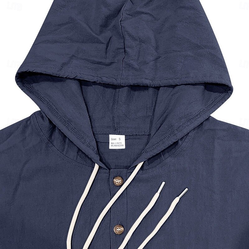 Men's Shirt Linen Shirt Summer Shirt Beach Wear Hooded Shirt Untucked Shirts Solid Color Vacation Street Black White Navy Blue Green Long Sleeve Hoodie Summer Spring Clothing Apparel Hooded4
