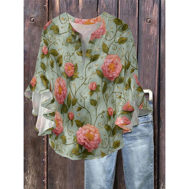 Women's Blouse Floral Stylish Modern 3/4 Length Sleeve V Neck Regular Tops Daily Holiday Ruffle Print Grass Green Pink Navy Blue Blue Green Summer2