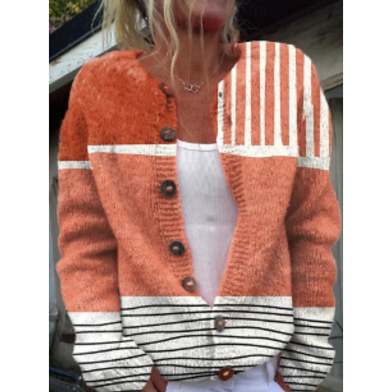 Women's Cardigan Sweater Knitted Ribbed Button Front Round Neck Long Sleeve Lightweight Elegant Fashion Streetwear Geometric Color Block Print Knit Outdoor Daily Weekend Black Yellow Fall Winter