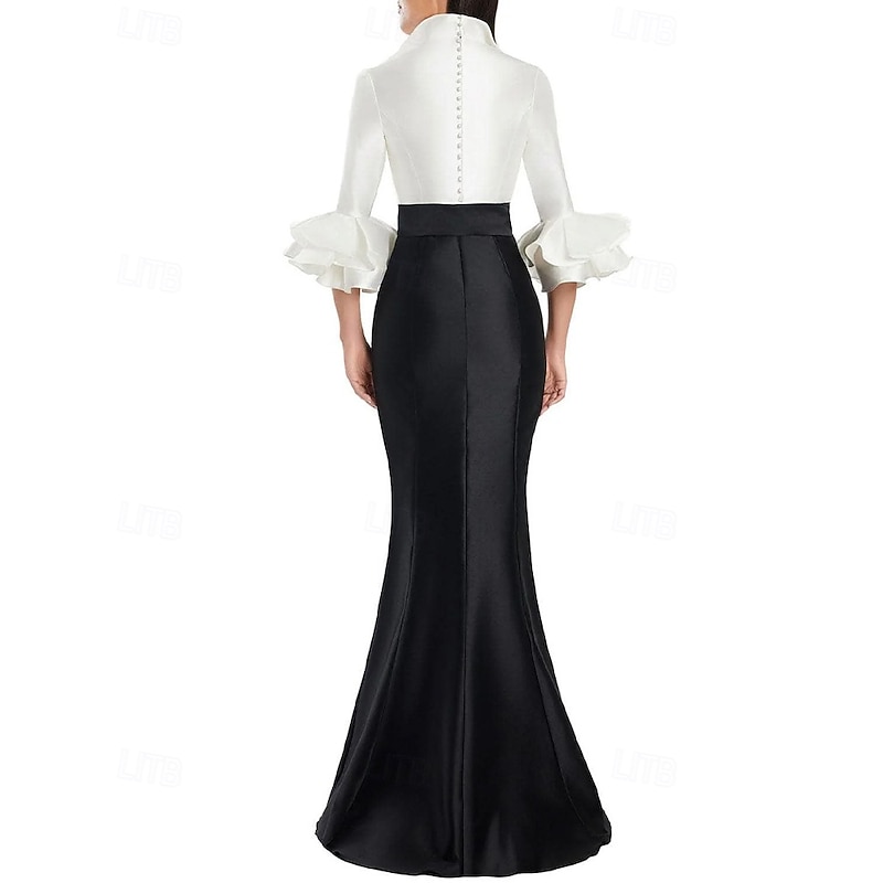 Black and White Formal Dress Mermaid / Trumpet Evening Gown Elegant Dress Formal Wedding Floor Length Half Sleeve Shirt Collar Stretch Satin with Ruffles3