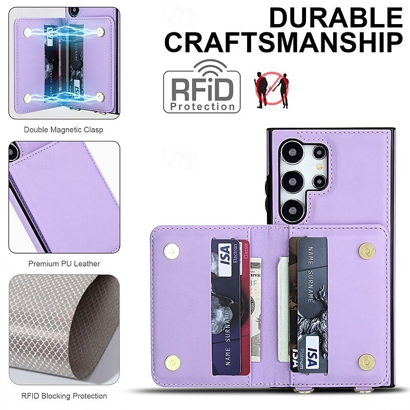 Phone Case For Samsung Galaxy S25 S25 Edge S24 S24 FE S23 Ultra Plus S22 Plus  Ultra A16 A15 A14 A54 Back Cover with Lanyard Kickstand Card Slot Retro TPU PU Leather4