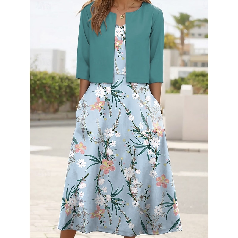 Women's Two Piece Dress Sets Midi Dress with Jacket Elegant A Line Dress Half Sleeve Party Cocktail Floral Print V Neck Wedding Guest Daily Sky Blue Green Dark Blue Regular Fit3