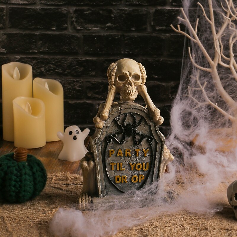 Halloween Skeleton Tombstone Decoration, Spooky Skull and Gravestone Resin Prop, Haunted Ghost Festival Tabletop Ornament3