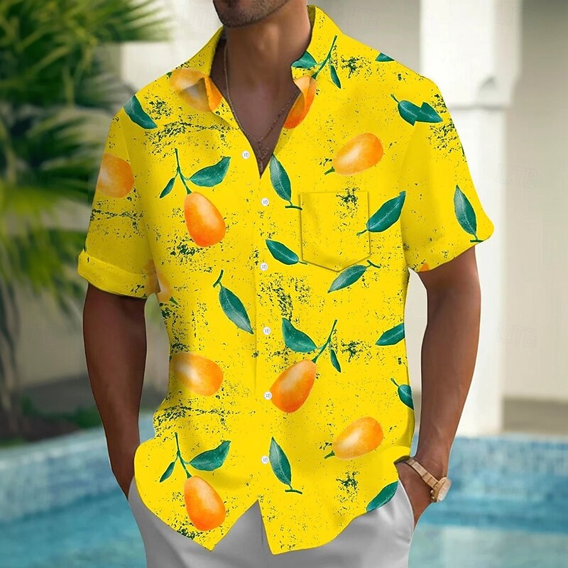 Men's Fruit Lemon Mango Summer Hawaiian Shirt Button Up Shirt Aloha Shirt Short Sleeve Hawaiian Holiday Beach Wear Summer Spring Turndown 3D Print Collared Shirts Front One Pocket Yellow Orange2