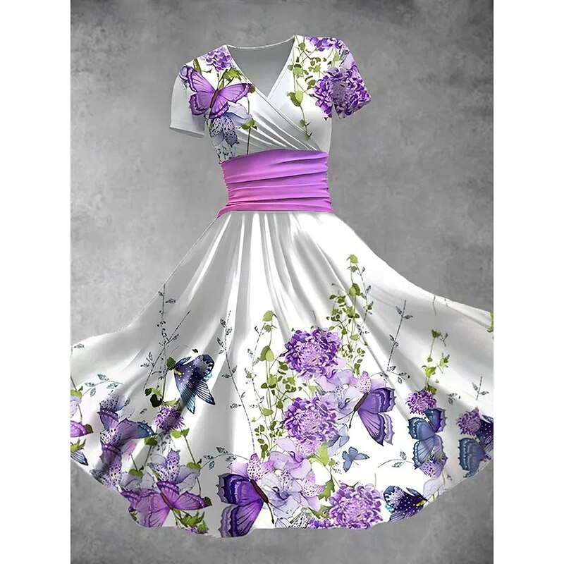 Women's Midi Dress Summer Dress Fit And Flare Dress Party Casual Daily Holiday Regular Fit Floral Graphic Short Sleeve V Neck Yellow Red Blue Purple Summer2