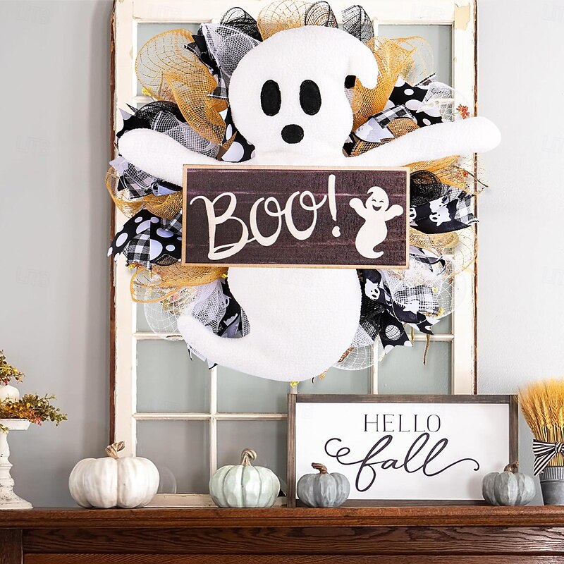 Halloween Wreaths for Front Door Indoor Outdoor Decoration, Ghost BOO Wooden Sign Mesh Wreath with Spooky Doll for Window and Wall Decor4