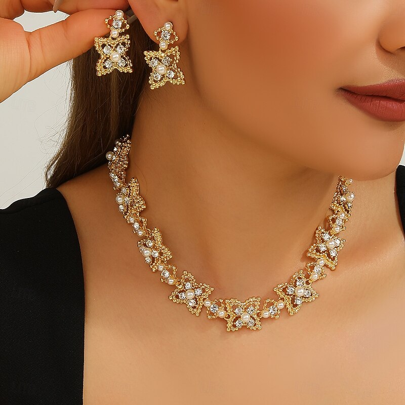 Jewelry Set Two-piece Suit Zircon Pearl Zircon 1 Necklace Earrings Women's Elegant Vintage Luxury Cute Beads Star Flower Shape irregular Jewelry Set For Wedding Party Party Evening Wear3