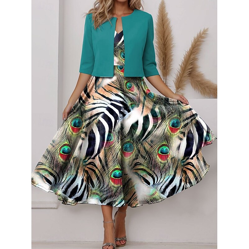 Women's Two Piece Dress Sets Midi Dress with Jacket Elegant A Line Dress Half Sleeve Party Semi Formal Floral Graphic Print V Neck Party Wedding Guest Black Blue Purple Regular Fit3