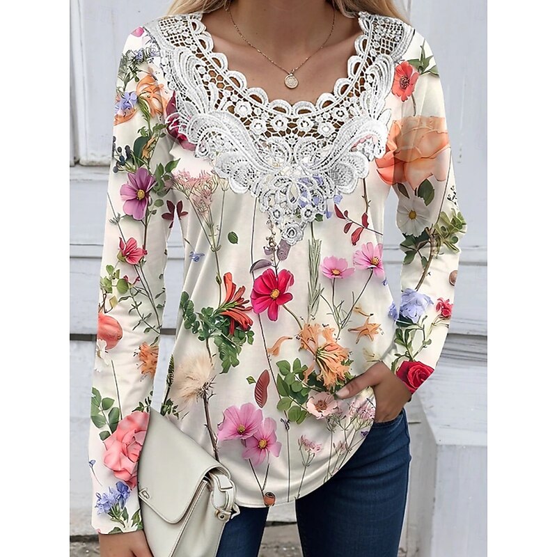 Women's Lace Splicing Top Floral Stylish Ethnic Casual Long Sleeve V Neck Regular Tops Daily Lace Patchwork Print Black Yellow Pink Blue Summer Spring3