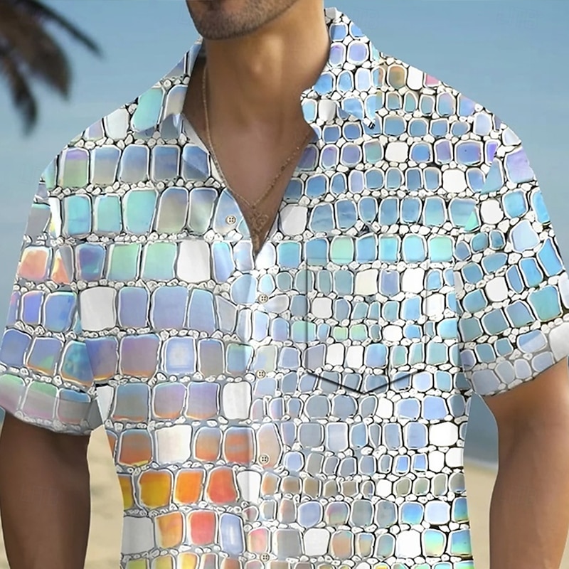 Men's Dazzle color Mosaic Tiles Shirt Summer Shirt Button Up Shirt Short Sleeve Fashion Casual Outdoor Vacation Dailywear Summer Spring Turndown 3D Print Collared Shirts Front One Pocket Silver3