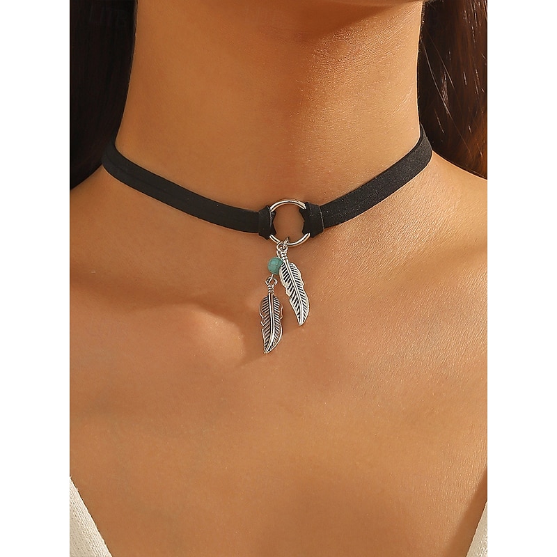 Women's Boho Feather Charm Choker Necklace – Faux Suede Leather Strap with Turquoise Bead, Adjustable Festival Jewelry for Free-Spirited Teens & Adults, Ideal for Summer Outings, Concerts4
