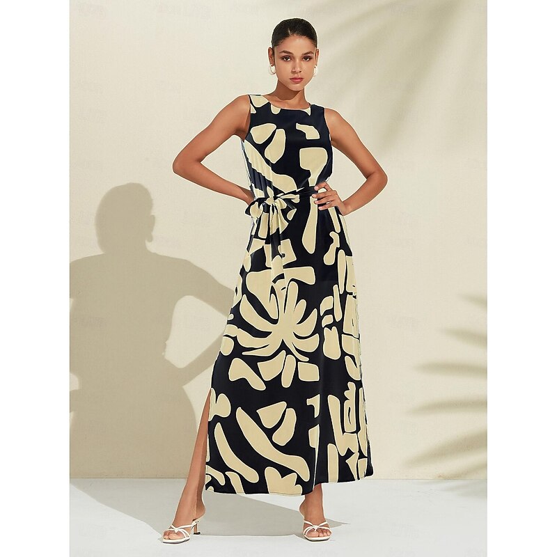 Women's Casual Dress Loose Dress Black White Sleeveless Floral Botanical Print Loose Spring & Summer Round Casual Daily Casual Vacation S M L4