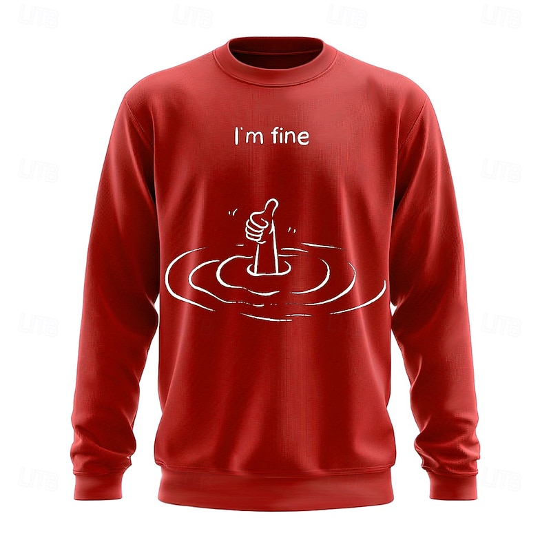 Mens Red Crew Neck Sweatshirt with Funny Drowning Thumbs Up 'I'm Fine' Graphic4