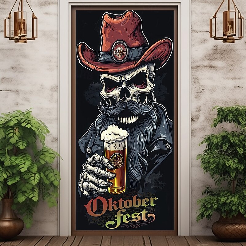 Oktoberfest Door Decorations German Bavarian Beer Skull Door Covers Door Tapestry Decoration Backdrop Indoor/Outdoor Door Banner for Front Door Office Door