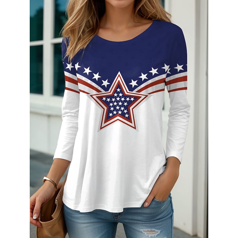 Women's Patriotic T Shirt Graphic Flag Vintage Stylish Classic  Round Neck Regular Tops Daily Print Blue Purple Green Fall