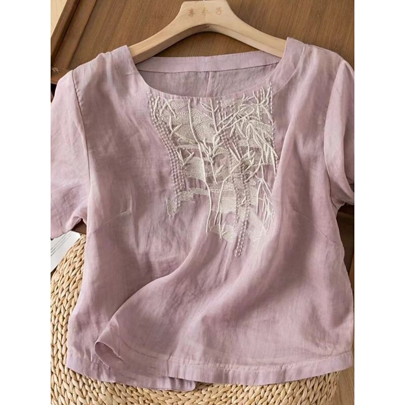 Women's Cotton Linen Shirts Solid Color Elegant Stylish Basic Short Sleeve Crew Neck Regular Tops Daily Embroidered Pink Purple Apricot Summer Spring3