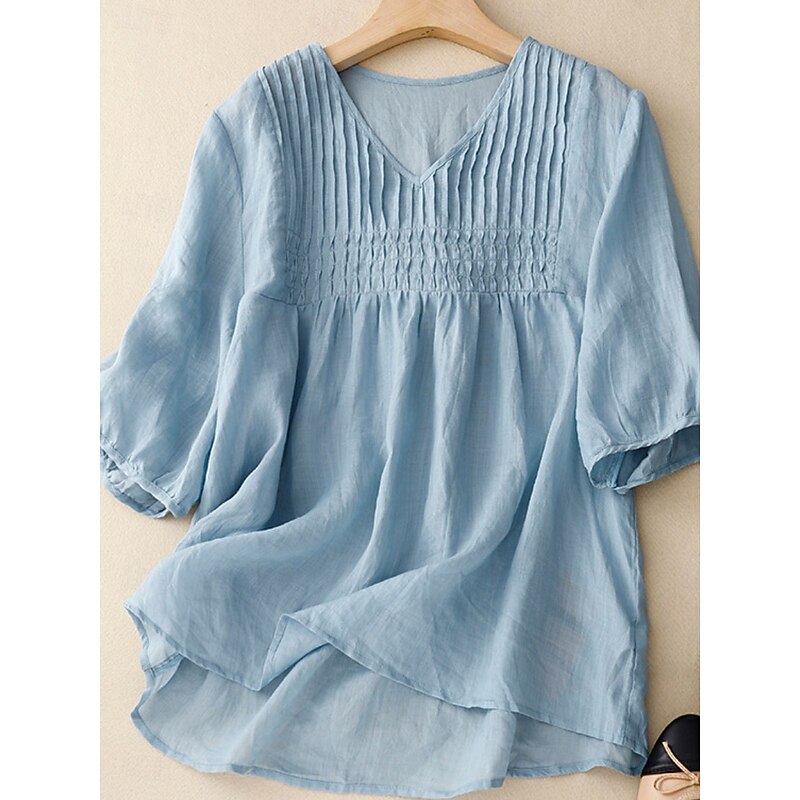 Women's Cotton Linen Shirts Solid Color Basic Casual Half Sleeve V Neck Regular Tops Daily White Pink Blue Purple Summer4