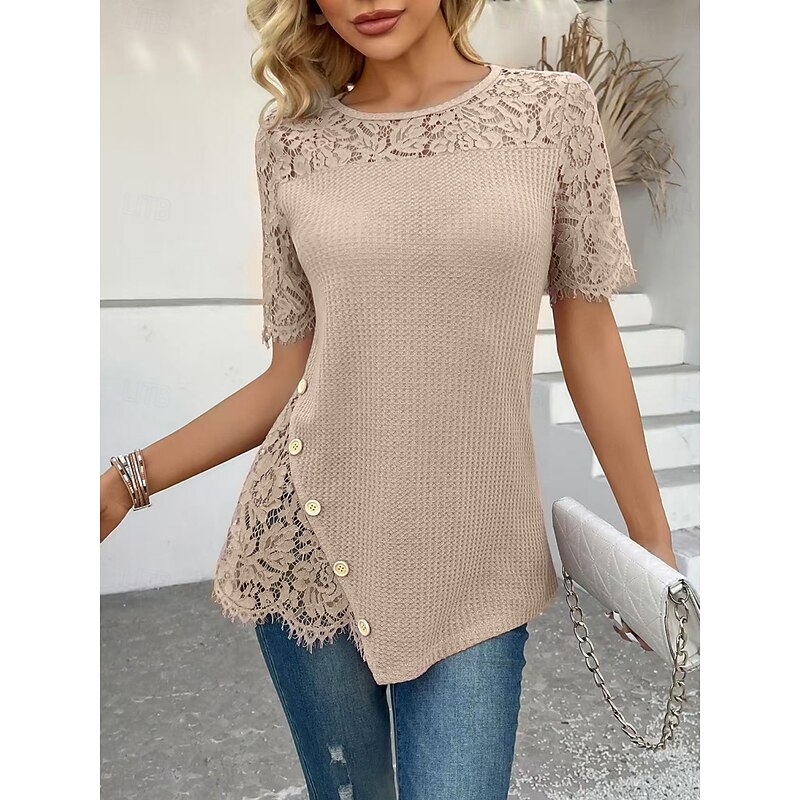 Women's Lace Shirt Solid Color Stylish Casual Short Sleeve Crew Neck Regular Tops Daily Lace Patchwork Pink Purple Gold Green Khaki Summer2