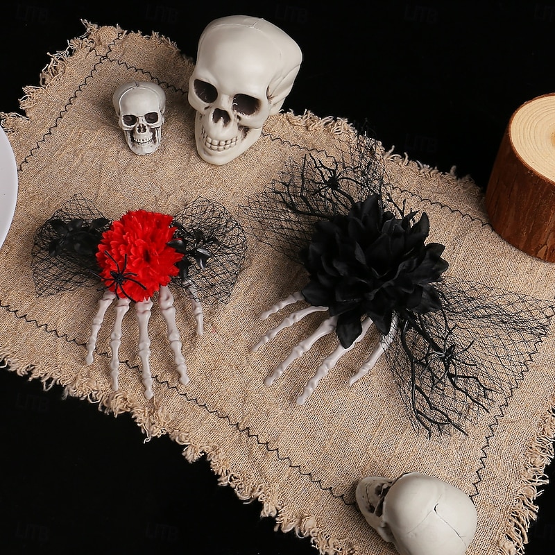 Halloween Skull Hand Bone Rose Hair Clip, Spooky Mesh Side Clip, Unique Party Costume Hair Accessory