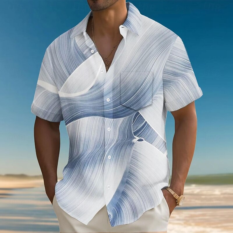 Men's Geometric Gradient Waves Shirt Summer Shirt Button Up Shirt Short Sleeve Fashion Casual Outdoor Vacation Dailywear Summer Spring Turndown 3D Print Collared Shirts Front One Pocket Red Blue