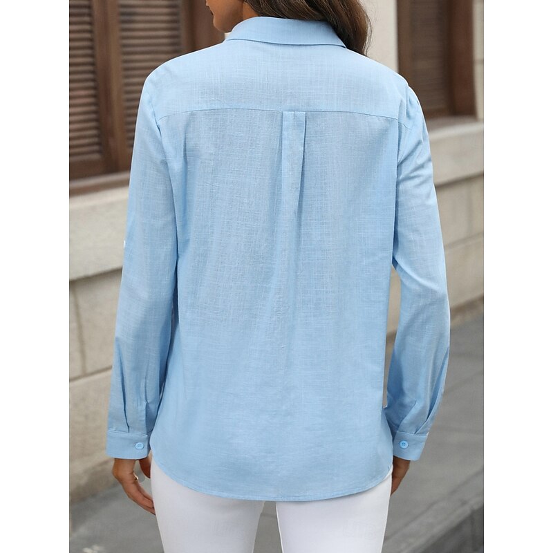 Women's Cotton Linen Shirts Solid Color Elegant Stylish Basic Long Sleeve Shirt Collar Regular Tops Daily Buttons Pocket Black White Pink Blue Summer2