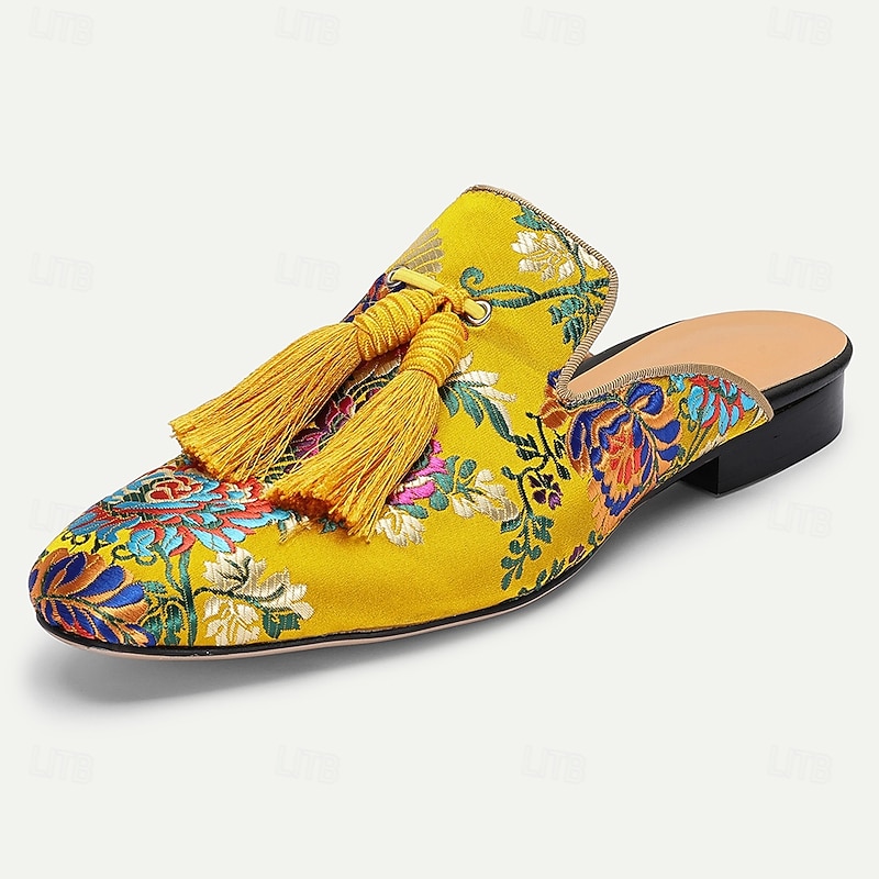 Men's Yellow Premium Cowhide Mules with Vibrant Floral Embroidery and Tassel Detail – Chic Footwear for Summer Gatherings and Casual Festivities2