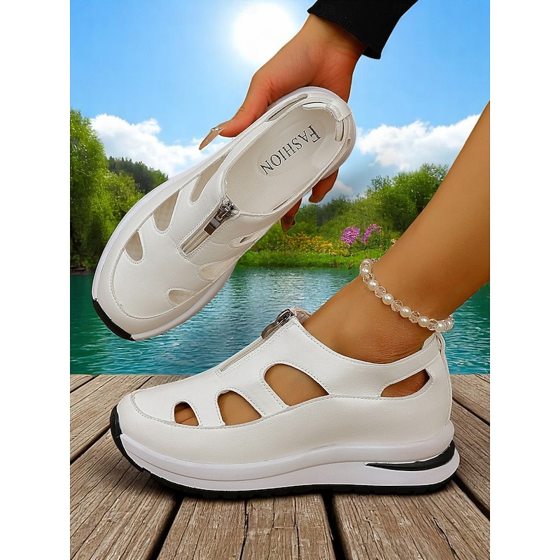 Women's White Sport Sandals with Cutout Design, Zip-Up Lightweight Shoes for Comfort Walks, Active Travel and Daily Errands4