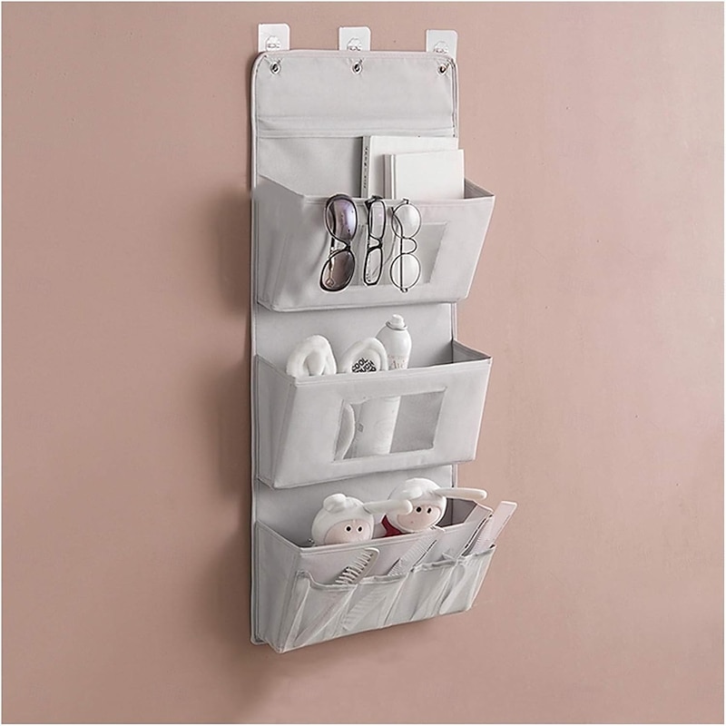 Wall Hanging Storage Bag with 3 Layers, Over Door Closet Organizer for Makeup Toiletries, Washable Fabric Hanging Pocket Organizer for Dorm, Bathroom, Bedroom