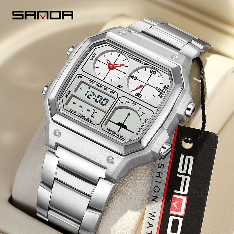 SANDA Men Digital Watch Outdoor Fashion Casual Wristwatch Luminous Stopwatch Alarm Clock Three Time Zones Steel Silicone Gel Watch2