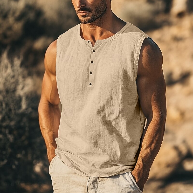 Men's T Shirt Sleeveless Short Sleeve V Neck Round Neck Summer Plain Textured Fashion Classic Casual Plain Street Casual Sports Black White khaki Top Tee for Men4