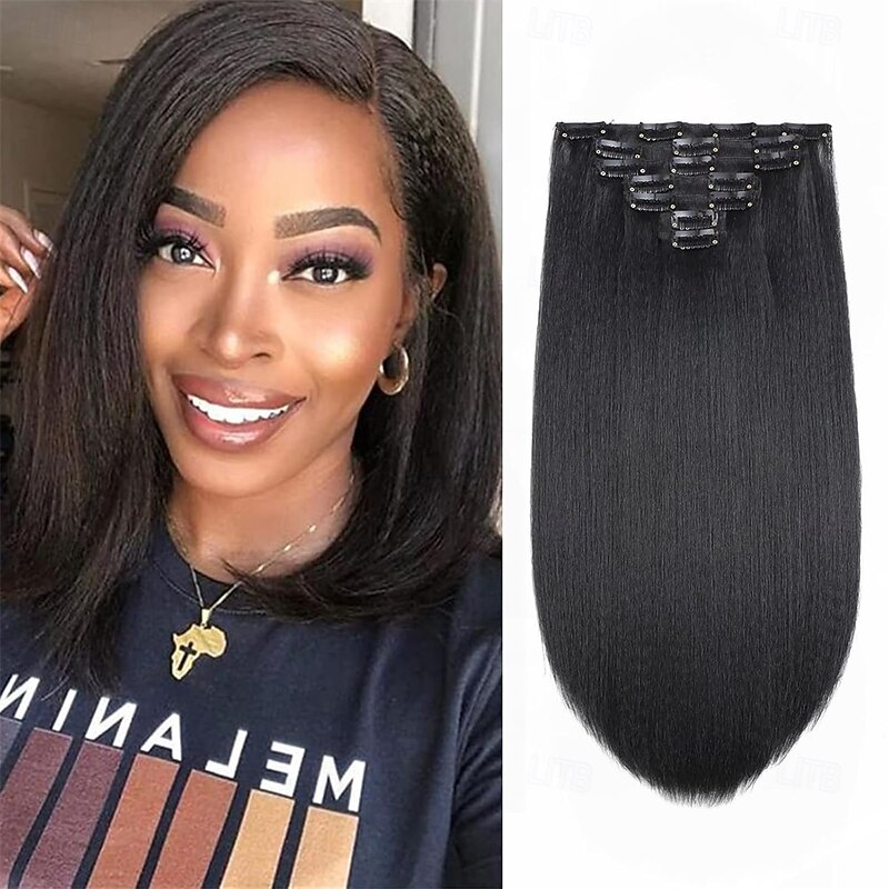 14 Inch Kinky Straight Clip in Hair Extensions Natural Black 7 Pcs Seamless Yaki Straight Clip in Hair for Black Women 100G Full Head Yaki Straight Synthetic Hair - Main Image