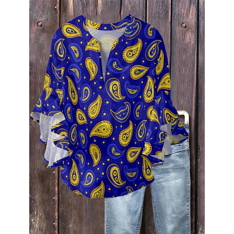 Women's Blouse Paisley Retro Vintage Ethnic 3/4 Length Sleeve V Neck Regular Tops Daily Holiday Ruffle Print Navy Blue Blue Purple Apricot Summer2