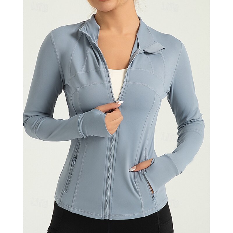 Women's Sport Jacket Stand Collar Sun Protection Stretchy Breathable Finger Coats Long Sleeve Sports Solid Color Jacket For Pilates Running Fitness Activewear3
