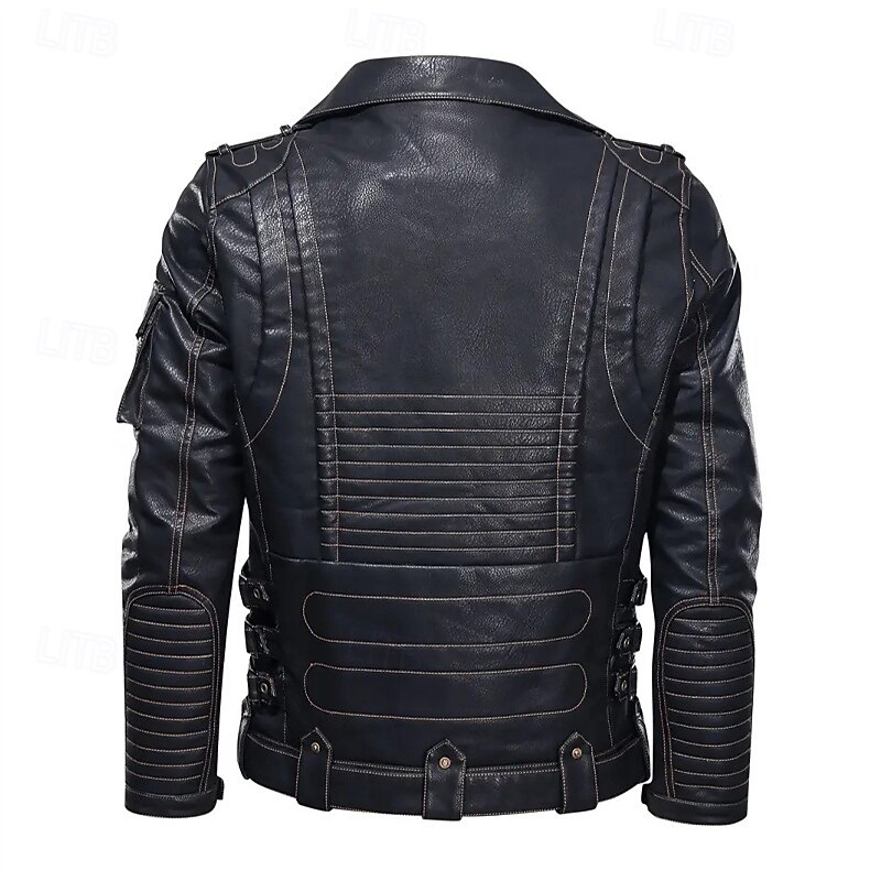 Men's Faux Leather Jacket Biker Jacket Motorcycle Jacket Vacation Daily Windproof Warm Zipper Pocket Fall Winter Plain Fashion Classic Lapel Regular Black Jacket3