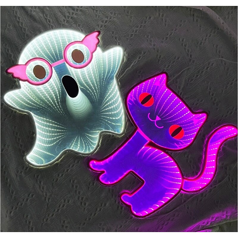 Halloween Infinity Lights Black Cat Light Ghost Light 3D Infinite Mirror Light Tunnel Light Abyss Neon Light Festival Party Decoration Light Us Plug